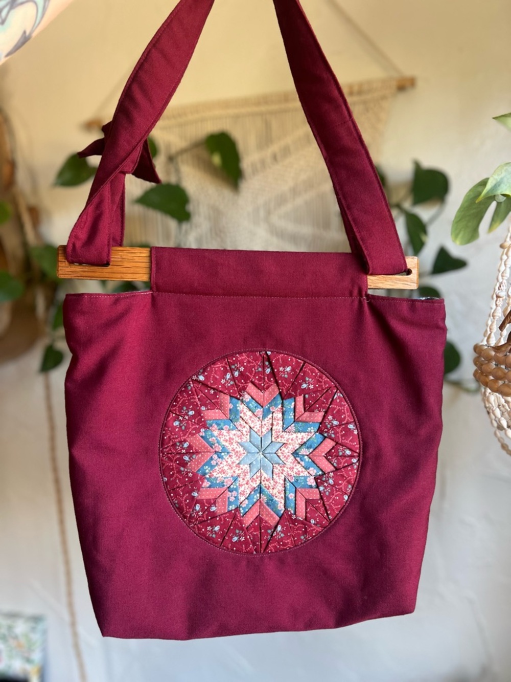 Vintage Handmade Quilted Tote Bag Cottagecore Boho Patchwork Wood Handle